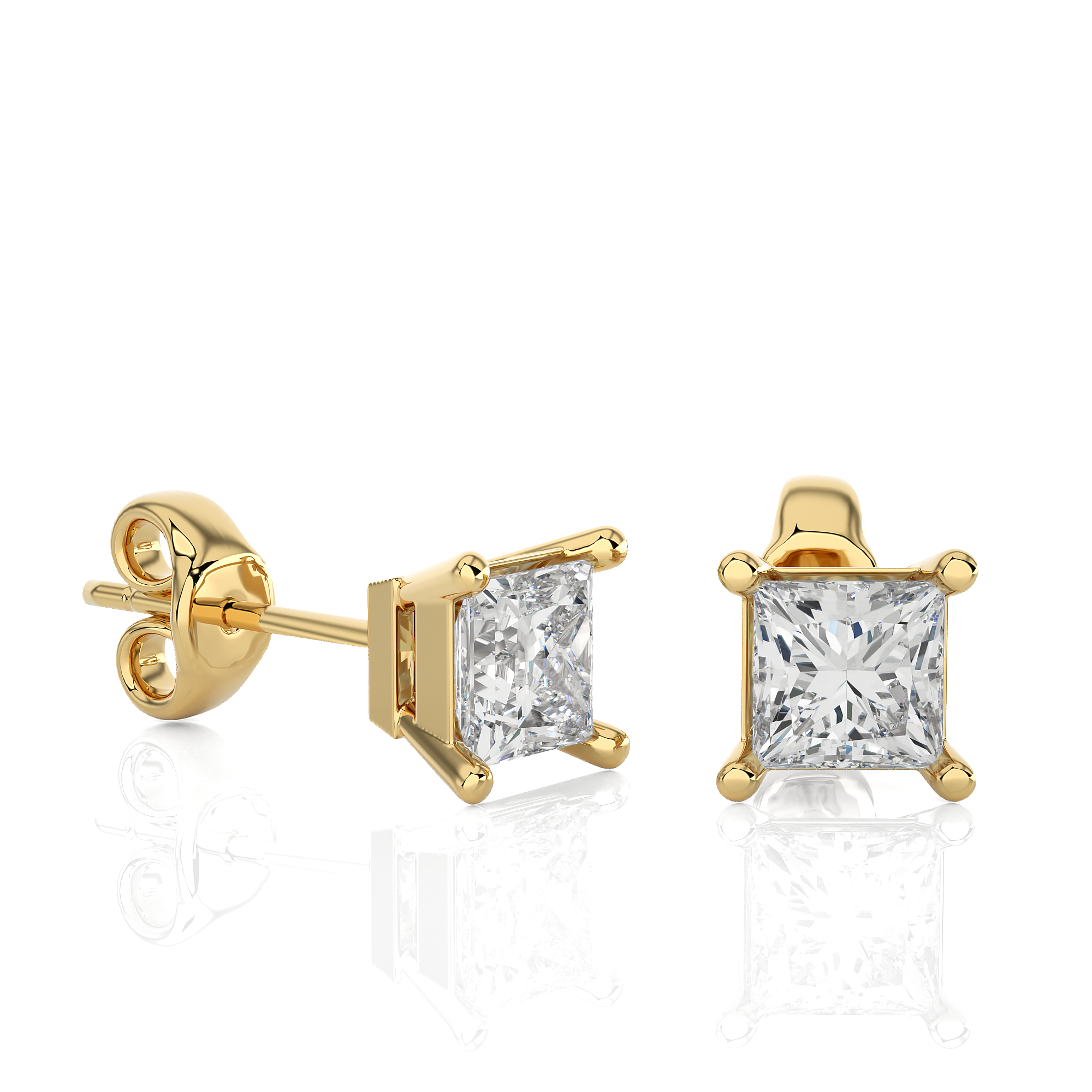 Yellow Gold 1Ct Princess Shaped Diamond Stud Earrings - Blu Diamonds