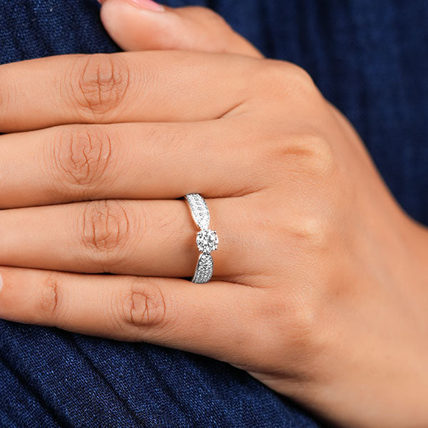 Women Waering Circle of Elegance Solitaire Lab Grown Diamond Ring - Blu Dimaonds
